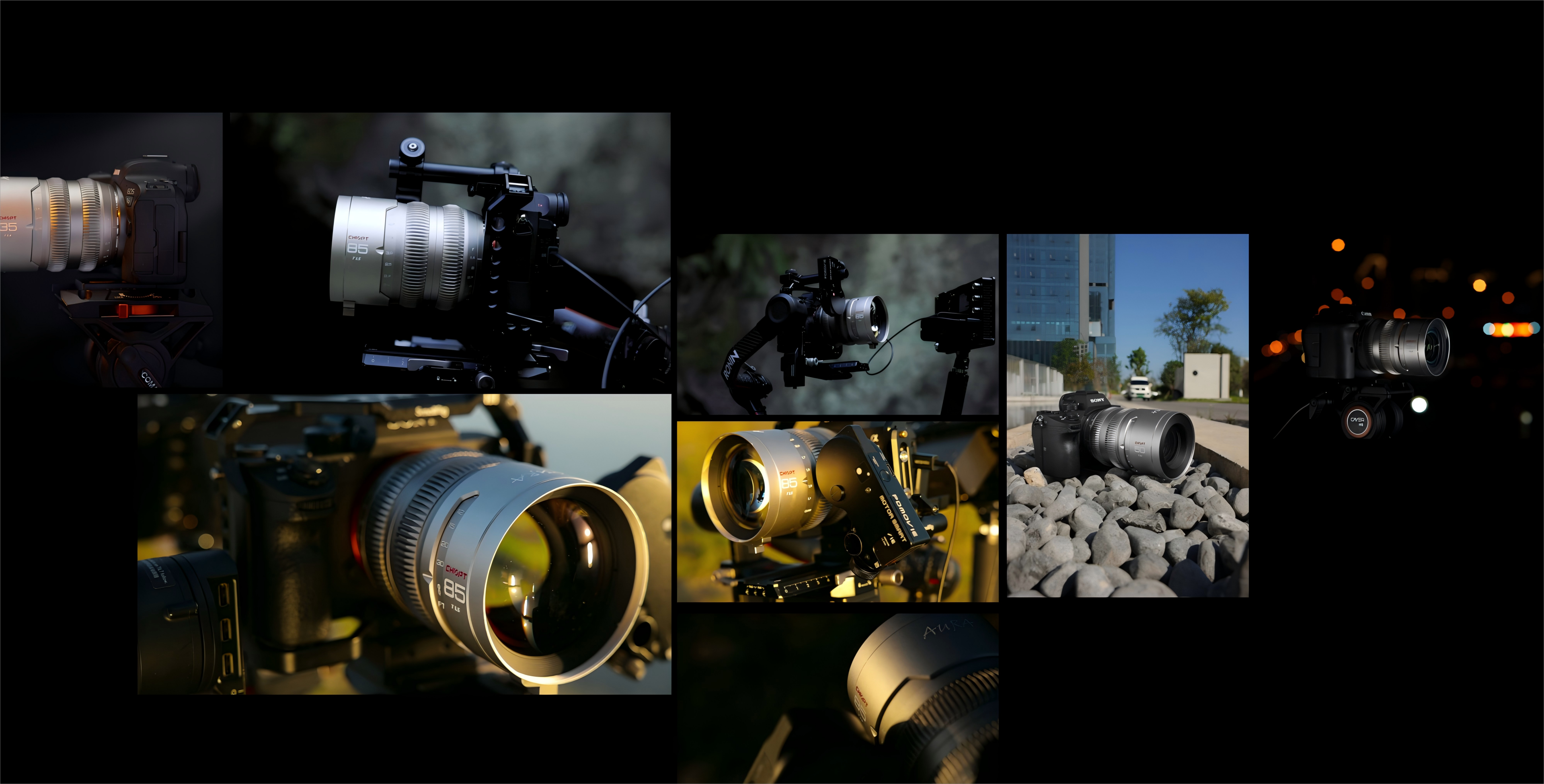 Chiopt branded cine lens collection showcasing various models mounted on different cinema cameras, e.g. Sony, Cannon, Nikon, etc., demonstrating wide compatibility, versatile lens mount options, and professional filmmaking setups across diverse shooting scenarios. Chiopt cameras lens now includes Xtremes zoom, Slasher macro prime, Aura super speed prime