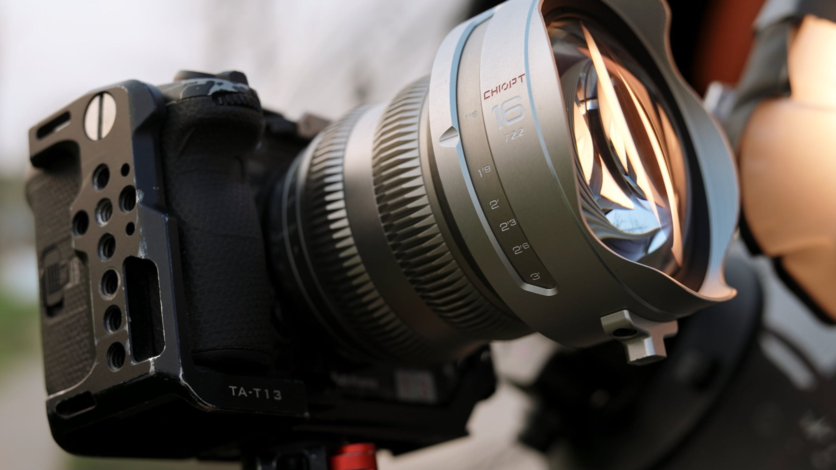 Chiopt Aura lens mounted on car side rig capturing true perspective with low distortion