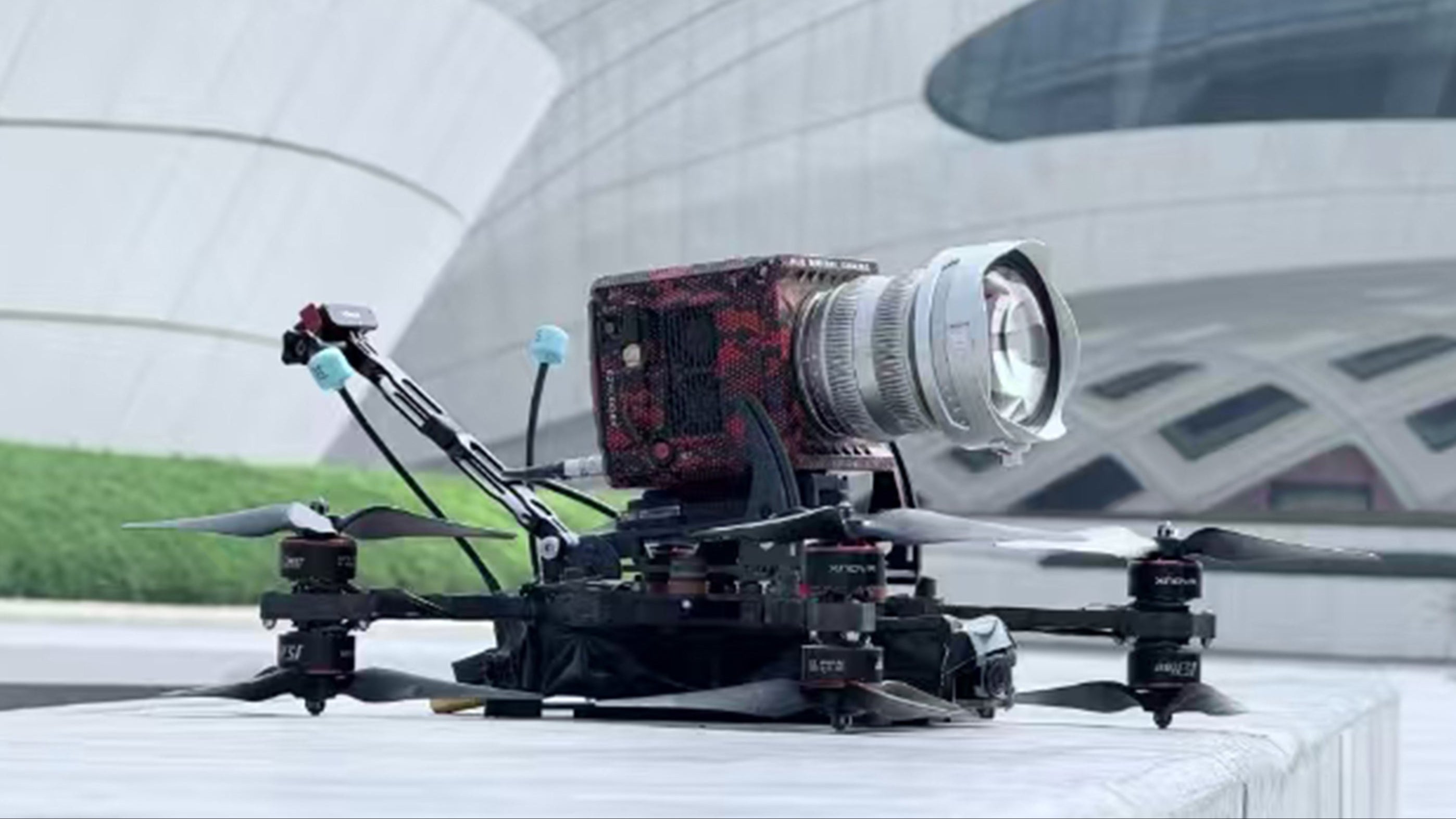 Chiopt Aura prime lens rigged on drone for aerial cinematography with compact lightweight build