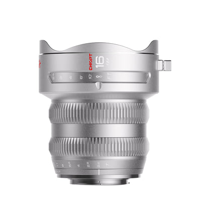 Chiopt Aura Super Speed Prime Lens 16mm T2.2 wide-angle cine lens, professional cinema lens for 8K cameras, full-frame manual focus lens, ideal for filmmaking, video production, low-light shooting, and cinematic storytelling.