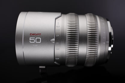 Chiopt Aura 50mm T1.5 cinema prime lens, standard cine lens for 8K camera, cinematic storytelling, commercial shooting, and high-definition close-ups with beautiful natural perspective and color fidelity.