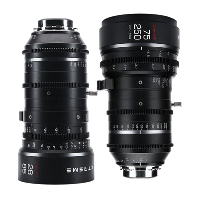 Chiopt Xtreme Zoom 28-85mm and 75-250mm cinema lens kit, PL mount, cine zoom lens set with unified design, constant T3.2 aperture, 8K resolution support, professional filmmaking bundle for versatile production needs.