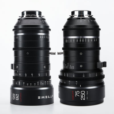 Chiopt Xtreme Zoom 28-85mm and 75-250mm cinema lens kit, PL mount, cine zoom lens set with unified design, constant T3.2 aperture, 8K resolution support, professional filmmaking bundle for versatile production needs.