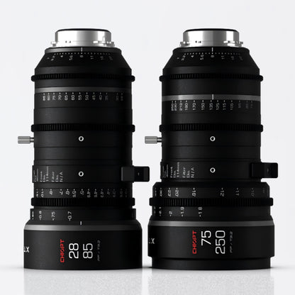 Chiopt Xtreme Zoom 28-85mm and 75-250mm cinema lens kit, PL mount, cine zoom lens set with unified design, constant T3.2 aperture, 8K resolution support, professional filmmaking bundle for versatile production needs.