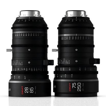Chiopt Xtreme Zoom 28-85mm and 75-250mm cinema lens kit, PL mount, cine zoom lens set with unified design, constant T3.2 aperture, 8K resolution support, professional filmmaking bundle for versatile production needs.