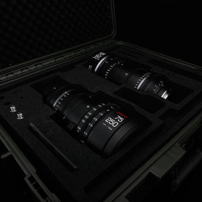 Chiopt Xtreme Zoom 28-85mm and 75-250mm cinema lens in waterproof protective flight case, secure packaging for travel and on-location filmmaking, professional protection for high-end cinema gear.