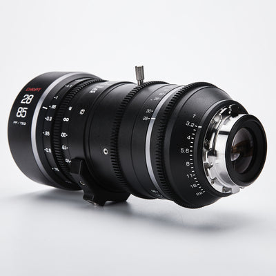 Close-up of Chiopt Xtreme Zoom 28-85mm focus and aperture ring, smooth manual control for precise cinematic focus pulling.