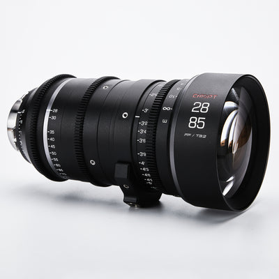 Chiopt Xtreme Zoom 28-85mm and 75-250mm cine lens with standard 114mm front diameter, compatible with professional matte boxes and filters