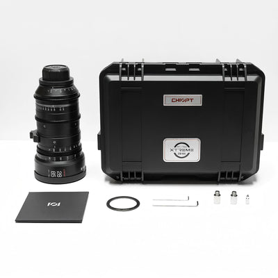 Chiopt Xtreme Zoom 28-85mm and 75-250mm cinema lens in protective flight case, secure packaging for travel and on-location filmmaking, professional protection for high-end cinema gear.