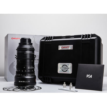 Chiopt Xtreme Zoom 28-85mm and 75-250mm cinema lens in protective flight case, secure packaging for travel and on-location filmmaking, professional protection for high-end cinema gear.