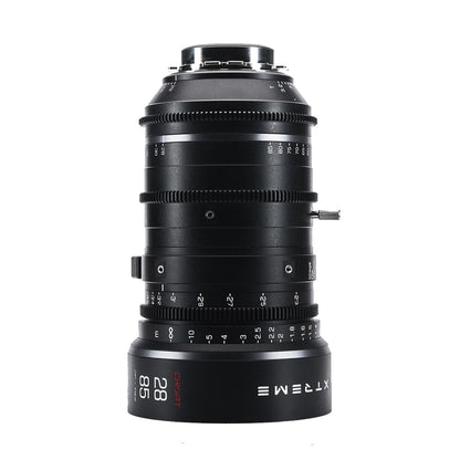 Chiopt Xtreme Zoom 28-85mm and 75-250mm PL Mount cinema lens, full frame versatile camera zoom lens with wide focal length range, lightweight all-metal design, supports 8K resolution, ideal for professional filmmaking and cinematography.