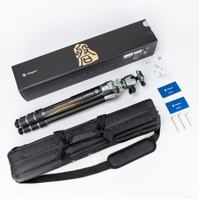 Fotopro T1 Plus compact travel camera tripod with T-Stand detachable center column. Foldable design with 4-section carbon fiber legs, easy to pack for hiking and travel. Supports max load 20kg, perfect for professional photographers and videographers.