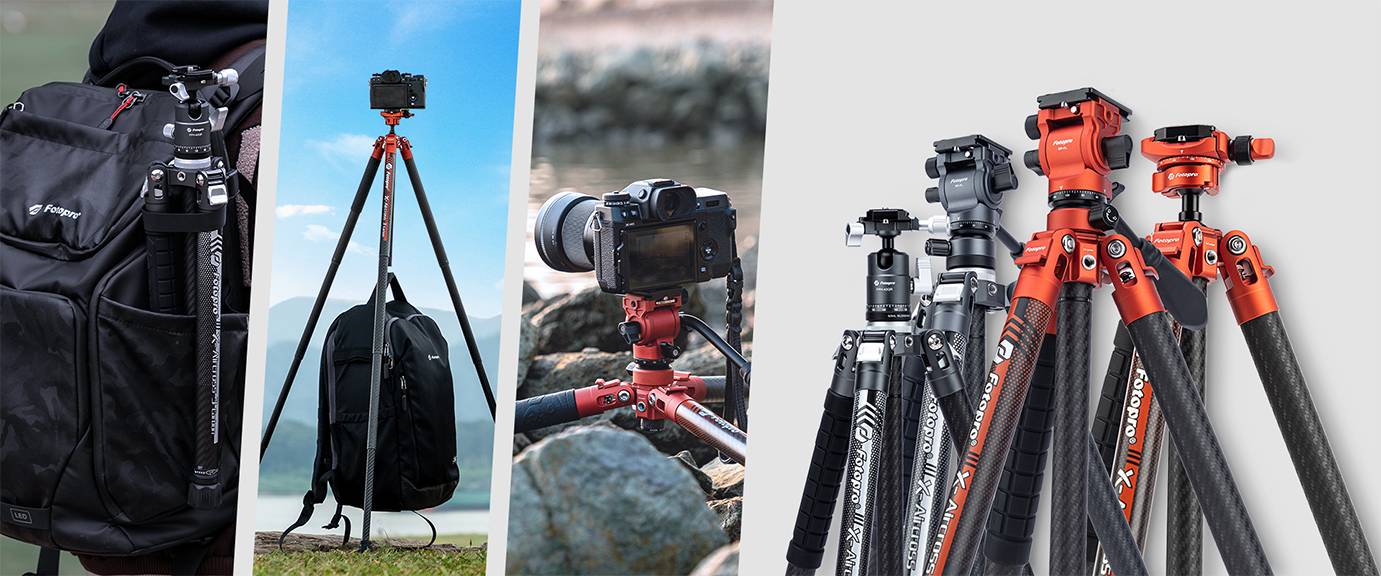 Fotopro X-Aircross 3 series camera tripod used in multiple photography scenarios, including travel, outdoor adventure, indoor shooting, and urban exploration. Lightweight and versatile design for photographers on the go.