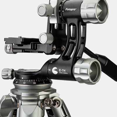 Fotopro E7 tripod with aluminum E-7H heavy-duty gimbal head and detachable handle, smooth control, independent 360° rotation and swing, providing effortless movement of large telephoto lenses for outdoor photography.