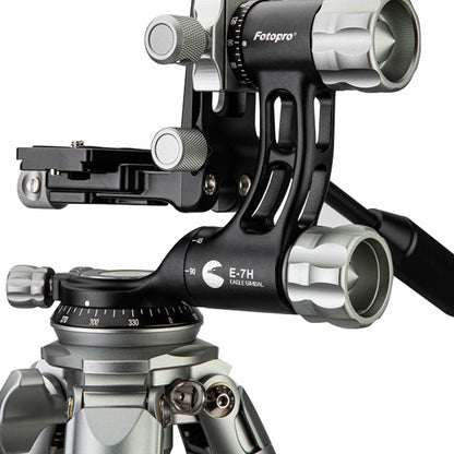 Fotopro E7 tripod with aluminum E-7H heavy-duty gimbal head and detachable handle, smooth control, independent 360° rotation and swing, providing effortless movement of large telephoto lenses for outdoor photography.