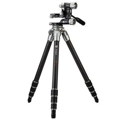 Fotopro E7 professional heavy-duty carbon fiber tripod with E-7H gimbal head, integrated leveling base, lightweight 2.84kg design, 10kg (22 lbs) load capacity, ideal for bird photography, wildlife, and astronomy shooting with large telephoto lenses.