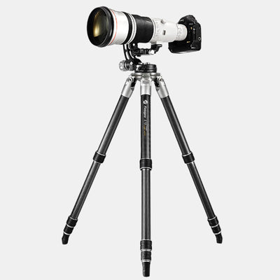 Fotopro E9 heavy-duty tripod with maximum height of 64 inches and 66 lbs load capacity, providing strong, stable support for heavy telephoto lenses and professional camera setups in extreme outdoor conditions.