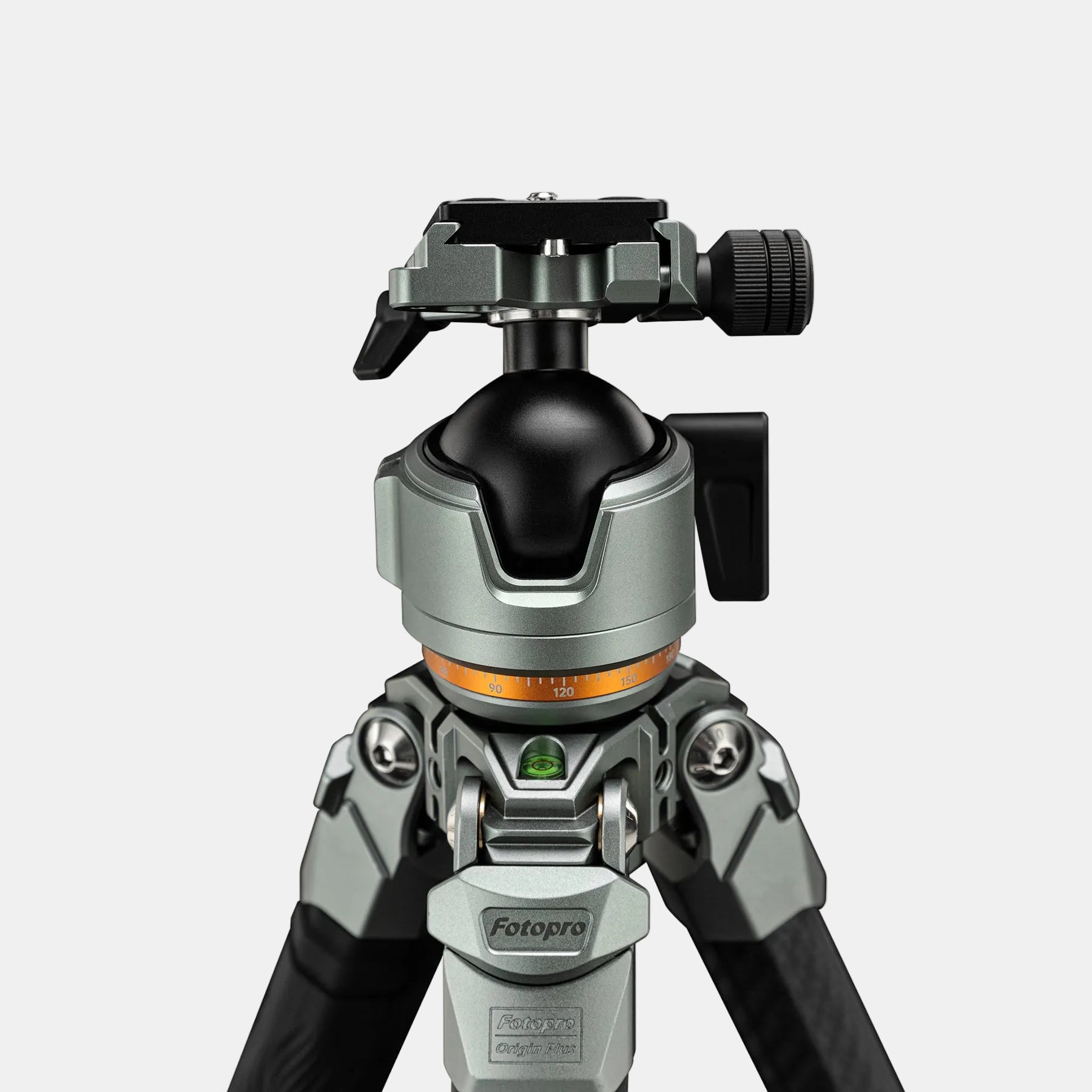 Fotopro Origin Plus camera tripod with large 44mm dual panoramic ball head, providing ultra-smooth movement, secure locking, and precise framing for both video and photo shoots.