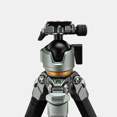 Fotopro Origin Plus camera tripod with large 44mm dual panoramic ball head, providing ultra-smooth movement, secure locking, and precise framing for both video and photo shoots.