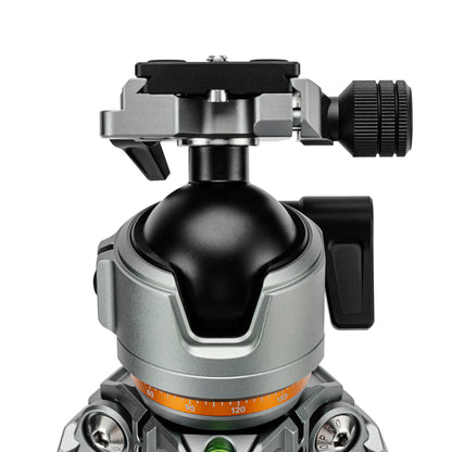 Fotopro Origin Plus camera tripod with large 44mm dual panoramic ball head, providing ultra-smooth movement, secure locking, and precise framing for both video and photo shoots.
