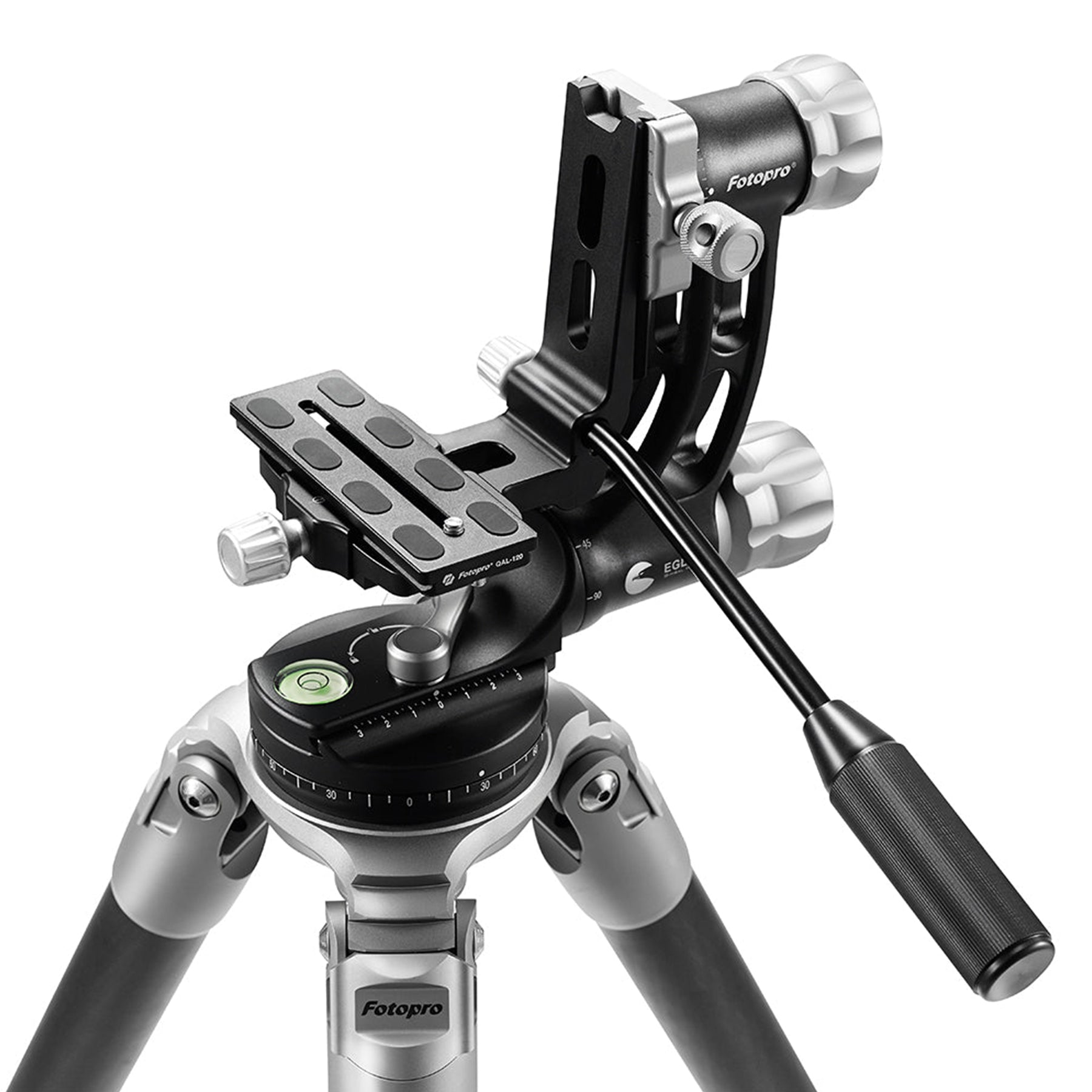 Fotopro E9 tripod with heavy-duty E-9H aluminum gimbal head, detachable handle for smooth tracking, independent 360-degree rotation and swing adjustment, ideal for fast, precise movement of large telephoto lenses.