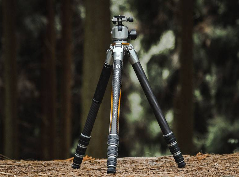 Fotopro T1 Plus camera tripod for travel standing on forest ground, lightweight and compact, perfect for outdoor photography