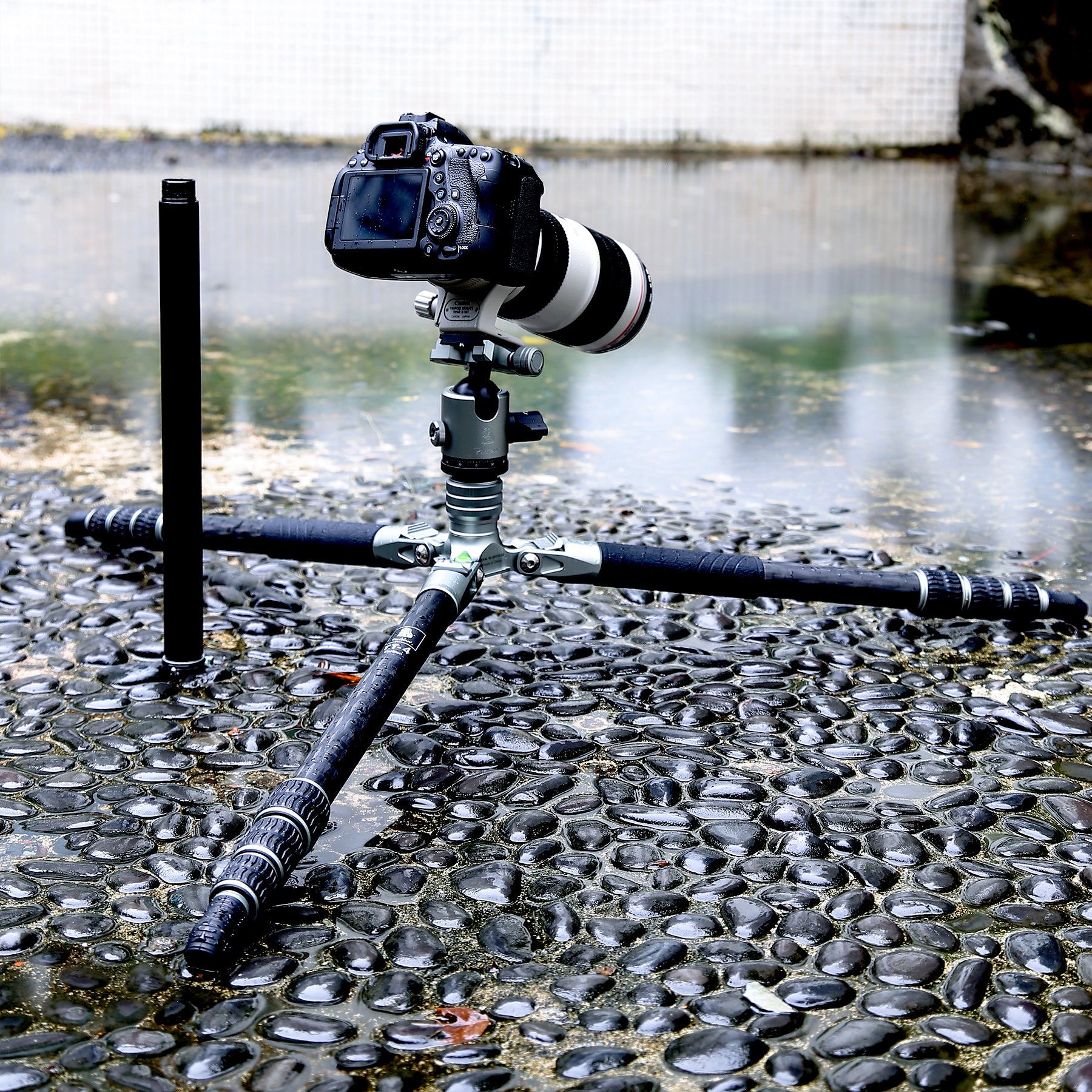 T-ROC tripod positioned for extreme low-angle shooting, with center column removed to allow the camera to sit just above the ground—ideal for macro, texture, or dramatic landscape shots.