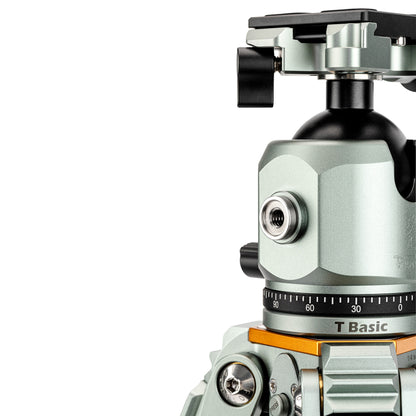Fotopro T1 Plus ball head with 1/4" accessory holes, allowing easy attachment of magic arms, lights, and external devices for flexible shooting.