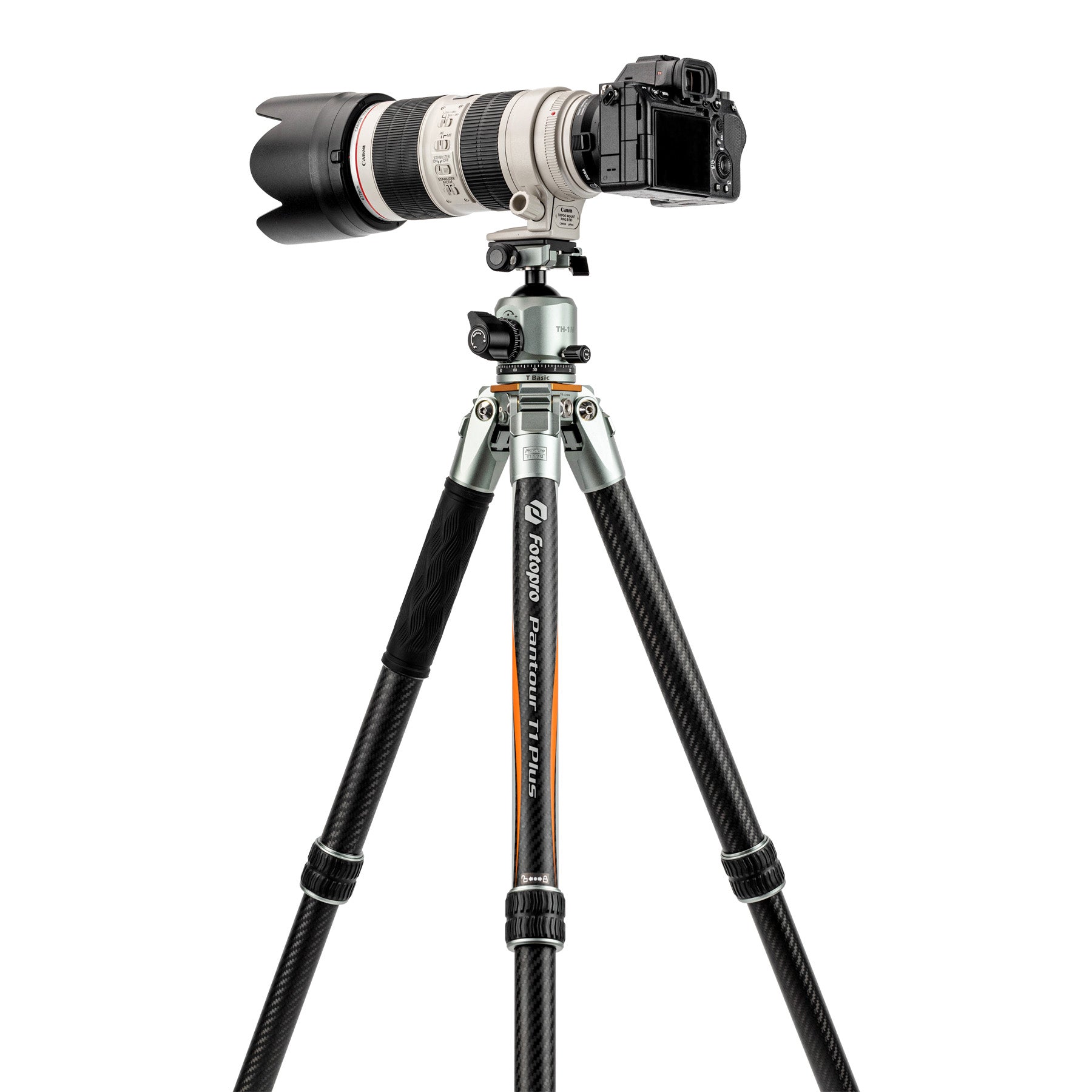 Fotopro T1 Plus carbon fiber camera tripod with adjustable height from 7.7 inches to 59 inches, ideal for travel, hiking, and low-angle photography.