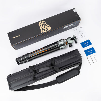 Fotopro T1 Plus carbon fiber tripod complete package with travel bag, spiked feet, ball head, and user-friendly accessories, perfect for photographers on the go.