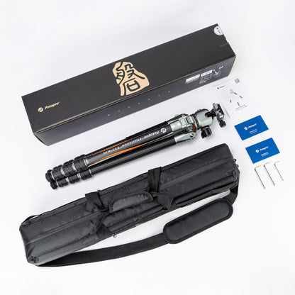 Fotopro T1 Plus carbon fiber tripod complete package with travel bag, spiked feet, ball head, and user-friendly accessories, perfect for photographers on the go.