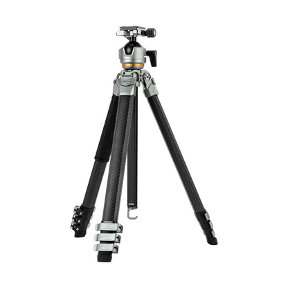Lightweight carbon fiber travel camera tripod Fotopro Origin Plus in silver, designed for professional DSLR and mirrorless cameras, with 25kg max load, 44mm panoramic ball head, removable center column for low-angle shots, and diamond-shaped compact tubes for easy packing.