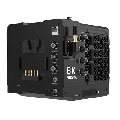 Bosma 8K Camera B1 rear interface showing timecode, network port, genlock input, and power connection for multi-camera synchronization, IP streaming, and stable power supply in professional 8K video production, supporting seamless integration into studio, live broadcasting, and cinematic production setups