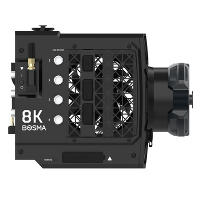Bosma 8K cinema camera B1 side panel featuring four 12G-SDI connections, Wi-Fi antenna, and high-performance cooling fan for stable 8K video transmission and reliable long-duration shooting.
