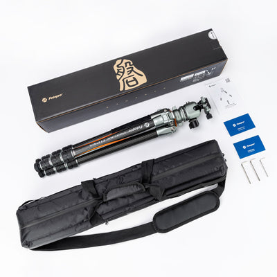 Fotopro Pantour T1 Plus T-Track carbon fiber camera tripod package includes tripod body, T-Track center column with leveling bowl, spiked feet, ball head, quick release plate, carry bag, and accessories. Professional lightweight tripod for travel, hiking, sports, and landscape photography.