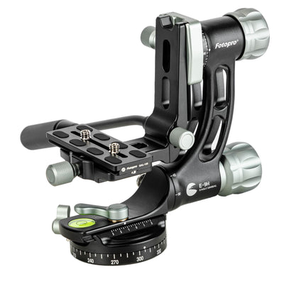 Fotopro E-9H professional heavy-duty gimbal head for wildlife and bird photography, supports up to 66 lbs (30kg) with 360-degree vertical and horizontal rotation, three versatile modes: hydraulic, gimbal, and panoramic. Smooth operation with click-stop adjustment, safety lock, and removable panning bar for fast-moving subject tracking. Crafted from durable aluminum with a hard anodized finish, reliable in extreme temperatures from -40°C to 70°C. Arca-type quick release, perfect for heavy camera setups and l