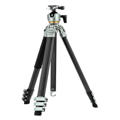 Fotopro Pantour Origin silver carbon fiber travel camera tripod with lightweight and compact profile design. Features 38mm ball head, Arca-type quick-release plate, 20kg load capacity, diamond-shaped tubes, spring-loaded flip locks, ideal for outdoor, landscape, long exposure, and video photography.